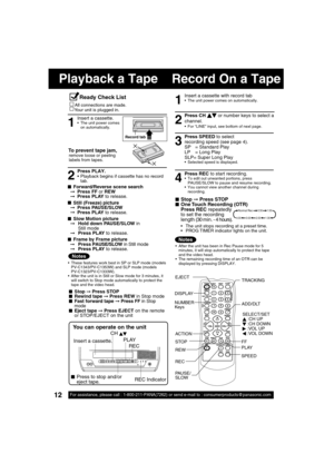 Page 1212For assistance, please call : 1-800-211-PANA(7262) or send e-mail to : consumerproducts@panasonic.com12
POWER
VIDEO IN
AUDIO IN
VOL CHSTOP/EJECTREW/
PLAY/REPEATFF/
RECTIMER/FMACTIONR E C ON TIMERPROG TIMER
  Record On a Tape   Playback a Tape
1
Insert a cassette.  The unit power comes 
on automatically.
Press PLAY.  Playback begins if cassette has no record 
tab.2
To prevent tape jam,
Record tab
■  Stop 
➞ Press STOP
■  Rewind tape 
➞ Press REW in Stop mode
■  Fast forward tape 
➞
 Press FF in Stop...