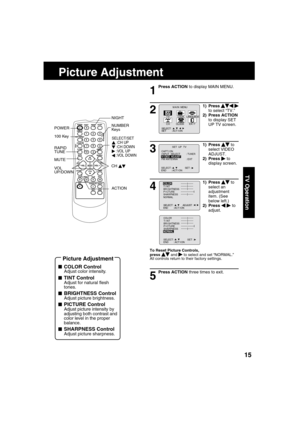 Page 151515
TV Operation
  Picture Adjustment
1
Press ACTION to display MAIN MENU.
1) Press    
  
 
to select “TV.”
2) Press ACTION 
to display SET 
UP TV screen.
3
1) Press     to 
select VIDEO 
ADJUST.
2) Press 
   to 
display screen.
4
1) Press     to 
select an 
adjustment 
item. (See 
below left.)
2) Press 
    
 to 
adjust.
To Reset Picture Controls,
press     and  
 to select and set “NORMAL.”
All controls return to their factory settings.
Press ACTION three times to exit.
M A I N  MENU
EX I TCLOCKC H...