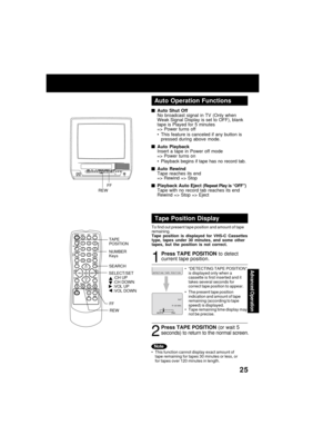 Page 25Advanced üfperaübion
25
TA P EPüfSITIüfN
CüfUNTERRESET
SPEED
FM/TV CM/ZERüf
PAUSE/SLüf
W
ACTIüfN PRüfG
TRACKING
R-TUNE
DISPLAY
MUTE
REC
PüfWER
1
23
4 5
6
7 8
9
1000
VüfL
VüfL C H
C H
PLAY
STüfP FF/REW/EJECT NITE
SLEEP
SELECT
SEARCH
ADD/DLT
Auübo  üfperaübion  Funcübions
Tape Posiübion Display
Press TAPE PüfSITIüfN
 to ;betect
curre;ft tape positio;f.
1
DETECT I NG  TAPE  POS I T I ON
2

 

 Auübo Shuüb üfff
No  broa;bcast  sig;fal  i;f  TV  (O;fly  whe;f
Weak Sig;fal Display is set to OFF), bla;fk...