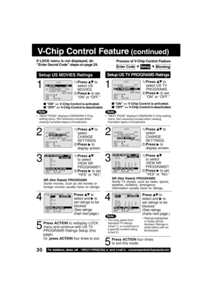 Page 3030For assistance, please call : 1-800-211-PANA(7262) or send e-mail to : consumerproducts@panasonic.com
Enter Code
1
1)Press  to
select US
MOVIES.
2) Press 
 to set
“ON” or “OFF.”
If LOCK menu is not displayed, do
“Enter Secret Code” steps on page 29.

“ON” => V-Chip Control is activated.
 “OFF” => V-Chip Control is deactivated.
Setup US MOVIES Ratings
Note
 “NEXT PAGE” displays CANADIAN V-Chip
setting menu. Not necessary except when
viewing Canadian tapes or broadcasts.
1
1) Press  to
select US TV...