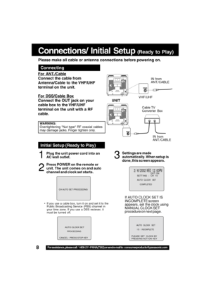 Page 88For assistance, please call : 1-800-211-PANA(7262) or send e-mail to : consumerproducts@panasonic.com
VHF/UHF
VHF/UHF
VHF/UHFVHF/UHF
Connections/ Initial Setup (Ready to Play)
How to Connect
UNIT
IN from
ANT./CABLE
VHF/UHF Cable TV
Converter Box
IN from
ANT./CABLE
 2 /  6 / 2002   WED 12 : 00PMDST : ON
A
UTO  CLOCK   SET
CO
MPLETED
SETT I NG : CH 1 0
If AUTO CLOCK SET IS
INCOMPLETE screen
appears, set the clock using
MANUAL CLOCK SET
procedure on next page.
Initial Setup (Ready to Play)
1
Plug the unit...