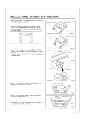 Page 13Suspension bracketI
Suspension bracketIIISuspension bracketII
2. Insert the suspension bracket into bracket cover of
adaptor side and the back of the fan body. (Fig.15)
(select the suspension bracket according to spacing A
as shown below)
A16 inches and 19.2 inches
horizental joist
19.2 inches vertical joist
13
INSTALLATION JOIST MOUNTINGIV( BETWEEN )INSTALLATION JOIST MOUNTINGIV( BETWEEN )
3. Insert the fan body between joists. Make sure the fan
body is level and square (perpendicular) with the joists....