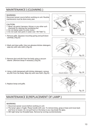 Page 13MAINTENANCE   (CLEANING ) 
WARNING:
CAUTION: Disconnect power source before working on unit. Routine
maintenance must be done every year. 1. Never use petrol, benzene, thinner or any other such
    chemicals for cleaning the ventilating fan.
2. Do not damp water to enter motor.
3. Do not soak resin parts in water over 140  F(60  C).
1. Remove grille. (Squeeze mounting spring and pull down
    carefully.) (Fig.22)
2. Wash and clean grille. (Use non-abrasive kitchen detergent,
    wipe dry with new cloth.)...