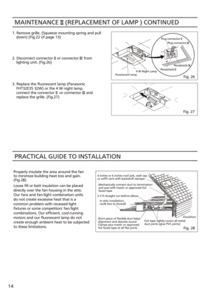 Page 14MAINTENANCE    (REPLACEMENT OF LAMP ) CONTINUED 
1. Remove grille. (Squeeze mounting spring and pull 
    down) (Fig.22 of page 13)
2. Disconnect connector    or connector     from
    lighting unit. (Fig.26) 3. Replace the fluorescent lamp (Panasonic
    FHT32E35 32W) or the 4 W night lamp, 
    connect the connector     or connector     and 
    replace the grille. (Fig.27) PRACTICAL GUIDE TO INSTALLATION Fig. 26
Plug connector
Plug connector
Receptacle Receptacle
Fluorescent lamp 4 W Night Lamp
14 4...