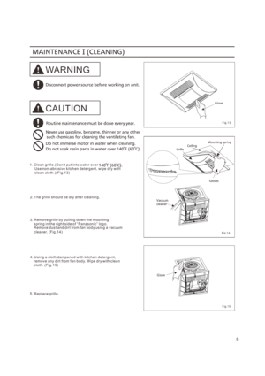 Page 99
1. C lea n gr il le. ( D o n’t pu t in t o w at er ov er      U s e non - abr a si ve ki t ch en de t er g ent , w ipe d r y wi t h      c lea n clo t h. ) ( F ig. 1 3)
3.      R em ov e dus t and di r t f r o m f an bo dy us in g a v ac uum     c lea ner. ( F ig . 14 )
R em ov e gr ill e b y pu llin g dow n t h e m ou nt in g     s pr in g i n t he r igh t s ide o f “ P a nas on ic” log o.
2. T he gr il le sh oul d b e dr y af t e r c lea nin g.
4. U si ng a cl o t h dam pe ne d w i t h ki t c he n...