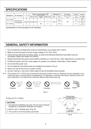 Page 4
1540
3. This product must be
 properly grounded. Noise
Vent
(sone)
0.6
0.7 Only for FV-1
1VHL2. AC 120V, 60Hz.SPE
CIFIC ATION S
GENERAL SAFE TY INFO RMATION 650
720
29.5
Exhaust &
Circulation
10.  This product (FV-1 1VHL2) has a fluorescent lamp that contains mercury. Disposal may be re\
gulated in your 
       community due to environmental considerations. For disposal or re\
cycling information, please contact your 
       local authorities or the Electronics Industries Alliance:http://w\
ww.eiae.org...