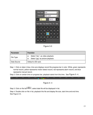 Page 18                                              
 13 
 
Figure 3-3 
 
Parameter Function 
File Type  Select “dav”, as video playback.  
 Select “jpg” as picture playback.  
Data Source Default is SD card.  
 
Step 1K Click on data in blue, time axis displays record file progress bar in color. While, green represents 
normal record, yellow represents motion detect record, red represents alarm record, and blue 
represents manual record.  
Step 2K Click on certain time on progress bar, playback starts from...