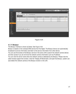 Page 50                                              
 45 
 
Figure 4-24 
 
4.1.11 Bonjour 
The Bonjour interface is shown as below. See Figure 4-25. 
Bonjour is based on the multicast DNS service from the Apple. The Bonjour device can automatically 
broadcast its service information and listen to the service information from other device. 
You can use the browse of the Bonjour service in the same LAN to search the network camera device 
and then access if you do not know the network camera information such as...