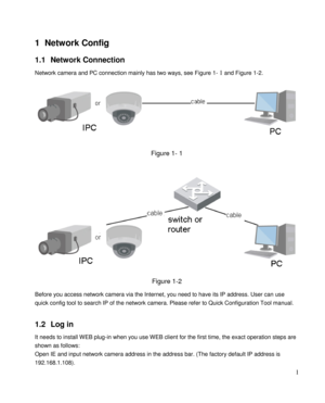 Page 6                                              
 1 
1 Network Config 
1.1 Network Connection 
Network camera and PC connection mainly has two ways, see Figure 1- 1 and Figure 1-2. 
 
 
Figure 1- 1 
 
 
Figure 1-2 
Before you access network camera via the Internet, you need to have its IP address. User can use 
quick config tool to search IP of the network camera. Please refer to Quick Configuration Tool manual.  
 
1.2 Log in  
It needs to install WEB plug-in when you use WEB client for the first time,...