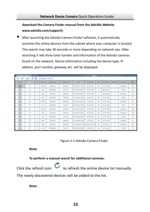 Page 16Network Dome Camera Quick Operation Guide  15download the Camera Finder manual from the Advidia Website www.advidia.com/support):  After launching the Advidia Camera Finder software, it automatically searches the online devices from the subnet where your computer is located.  This search may take 30 seconds or more depending on network size. After searching it will show total number and information of the Advidia cameras found on the network. Device information including the device type, IP address,...