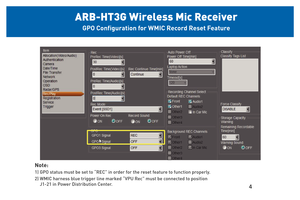 Page 54 
ARB-HT3G Wireless Mic  Receiv er  
– GPO Con\fgu ra\bon  for WMIC  Record Reset Featur e 
Note:
1) GPO  status must be set “REC” in order  for the reset feature  to function properl y.
2) WMIC  harness blue trigger line marked “VPU Rec” must be connected to po\
sition J1 -
21 in Power  Distribution Center . Please refer to page 15 for  proper connection  
informatio n
4 
ARB-HT3G Wireless Mic  Receiv er  
– GPO Con\fgu ra\bon  for WMIC  Record Reset Featur e 
Note:
1) GPO  status must be set “REC” in...