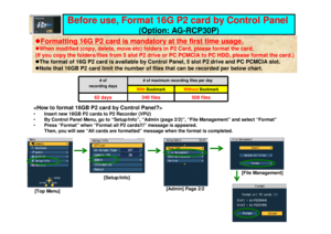 Page 15Before use, Format 16G P2 card by Control Panel
(Option: AG-RCP30P)
[Setup/Info]
[Admin] Page 2/2
•Insert new 16GB P2 cards to P2 Recorder (VPU)
• By Control Panel Menu, go to “Setup/Info”, “Admin ( page 2/2)”, “File Management” and select “Format”
• Press “Format” when “Format all P2 cards!!!” message  is appeared.   
Then, you will see “All cards are formatted” message  when the format is completed.
[Top Menu]
[File Management]
 Formatting 16G P2 card is mandatory at the first ti me usage.  When...