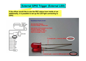 Page 18External GPIO Trigger (External LED)
If the officer would like to see the REC status from inside of car 
additionally, it is possible to set up the LED ligh t connecting to 
GPIO.   
