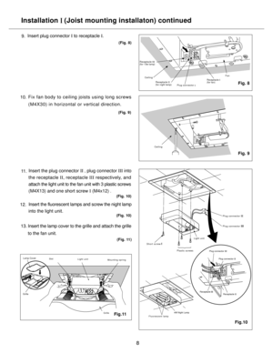 Page 8Fluorescent lamp
Light unit
Plastic screws Ceiling
8
Installation   (Joist mounting installaton) continuedI
Insert plug connector I to receptacle I.
(Fig. 8)
9.
Insert the plug connector II , plug connector III into
the receptacle II, receptacle III respectively, and
attach the light unit to the fan unit with 3 plastic screws
(M4X13) and one short screw I (M4x12) . 
Insert the fluorescent lamps and screw the night lamp
into the light unit.
(Fig. 10)
11 .
12.
Insert the lamp cover to the grille and attach...