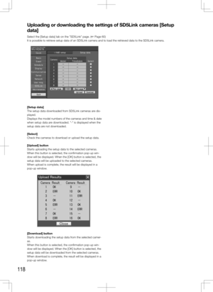 Page 118118
Uploading or downloading the settings of SD5Link cameras [Setup 
data]
Select the [Setup data] tab on the "SD5Link" page. (+ Page 60)
It is possible to retrieve setup data of an SD5Link camera and to load the retrieved data to the SD5Link camera.
    
[Setup	data]
The setup data downloaded from SD5Link cameras are dis-
played. 
Displays the model numbers of the cameras and time & date 
when setup data are downloaded. "-" is displayed when the 
setup data are not downloaded. 
[Select]...