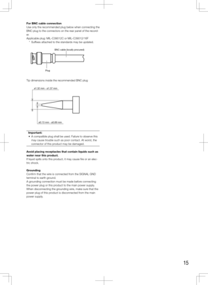 Page 1515
For BNC cable connection
Use only the recommended plug below when connecting the 
BNC plug to the connectors on the rear panel of the record-
er. 
Applicable plug: MIL-C39012C or MIL-C39012/16F
 * Suffixes attached to the standards may be updated. 
Tip dimensions inside the recommended BNC plug
Important:
	 •	 A	compatible	plug	shall	be	used.	Failure	to	observe	this	 may cause trouble such as poor contact. At worst, the 
connector of this product may be damaged. 
 
Avoid placing receptacles that...