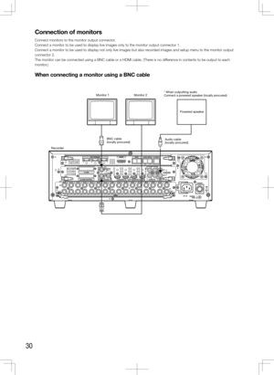 Page 3030
Connection of monitors
Connect monitors to the monitor output connector.
Connect a monitor to be used to display live images only to the monitor \
output connector 1.
Connect a monitor to be used to display not only live images but also recorded images and setup menu to the monitor output 
connector 2.
The monitor can be connected using a BNC cable or a HDMI cable. (There is no difference in contents to be output to each 
monitor.)
When connecting a monitor using a BNC cable
    
EXT STORAGEMODE
D...