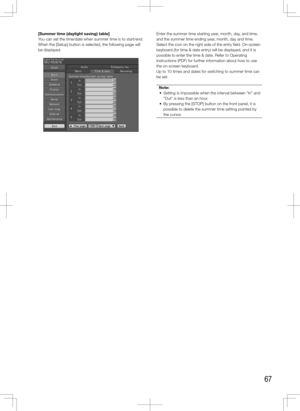Page 6767
[Summer	time	(daylight	saving)	table]
You can set the time/date when summer time is to start/end. 
When the [Setup] button is selected, the following page will 
be displayed. 
    Enter the summer time starting year, month, day, and time, 
and the summer time ending year, month, day and time. 
Select the icon on the right side of the entry field. On-screen 
keyboard (for time & date entry) will be displayed, and it is 
possible to enter the time & date. Refer to Operating 
Instructions (PDF) for...