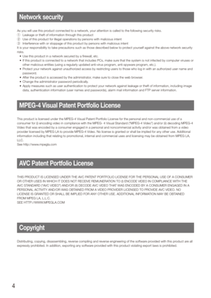 Page 44
Network security
As you will use this product connected to a network, your attention is called to the following \
security risks.
q Leakage or theft of information through this product
w  Use of this product for illegal operations by persons with malicious intent
e  Interference with or stoppage of this product by persons with malicious intent
It is your responsibility to take precautions such as those described below to protect yourself against the above network security 
risks. Use this product in a...