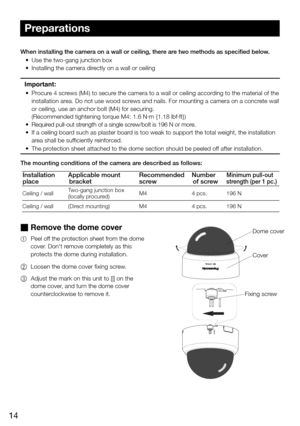 Page 1414
 Remove the dome cover
1 Peel off the protection sheet from the dome 
cover. Don't remove completely as this 
protects the dome during installation. 
2 Loosen the dome cover fixing screw.
3 Adjust the mark on this unit to [|] on the 
dome cover, and turn the dome cover 
counterclockwise to remove it.
When installing the camera on a wall or ceiling, there are two methods as specified below.
	 •	 Use	the	two-gang	junction	box
	 •	 Installing	the	camera	directly	on	a	wall	or	ceiling
Important:
	 •...