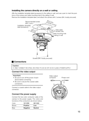 Page 1515
Installing the camera directly on a wall or ceiling
Affix the installation template label (accessory) to the ceiling or wall, and use a pen to mark the posi- 
tions of the screws and cable mounting hole in the ceiling or wall. 
Remove the installation template label, and attach the camera with 2 screws (M4, locally procured). 
      29 mm{1-1/8 inches}
 83.5 mm {3-9/32 inches}
21 mm{13/16 inches}
Recommended screw  (M4, 2 pcs.) 
Screws (M4, locally procured)
Side cable  access hole
Cable mounting hole...