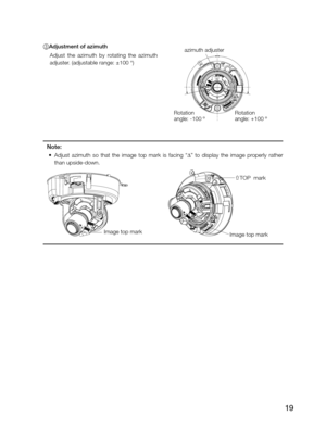 Page 1919
3 Adjustment of azimuth 
  Adjust	the	azimuth	by	rotating	the	azimuth	
adjuster. (adjustable range: ±100 °) 
Note:
	•	 Adjust	azimuth	so	that	the	image	top	mark	is	facing	“∆”  to  display  the  image  properly  rather 
than upside-down.
Image top mark
TOP mark 
azimuth adjuster
Rotation  angle: +100 º Rotation angle: -100 º
Image top mark 