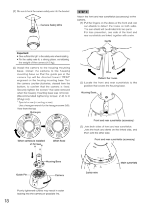 Page 1818
 (2) Be sure to hook the camera safety wire into the bracket.
Camera Saf ety Wire
  (3)  Insta\f\f  the  camera  to  the  housing  mounting 
b a s e .   I n s t a \f \f   t h e   c a m e r a   t o   t h e   h o u s i n g 
mounting  base  so  that  the  guide  pin  at  the 
camera  top  wi\f\f  be  directed  toward  "REAR" 
engraved  on  the  housing  mounting  base.  \burn 
the  camera  counter-c\fockwise,  viewed  from  the 
bottom,  to  confir m  that  the  camera  is  fixed. 
Secure\fy...