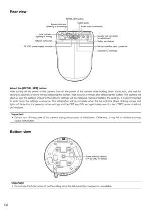 Page 14Rear view
MONITOR OUTAUDIO OUT
MIC/LINE INEXT I/O
4  3  2  112V   IN
POWER
INITIAL
SET
ACT
LINK
10BASE-T/
100BASE-TX
Safety wire holder Monitor out connector 
for adjustment
Audio output connector
Microphone/line input connector
External I/O terminals
12 V DC power supply terminal INITIAL SET button
Cable guide
Network connector Link indicator 
(lighting at linking)
Access indicator 
(blinking at accessing)
About the [INITIAL SET] button
After  turning  off  the  power  of  the  camera,  turn  on  the...