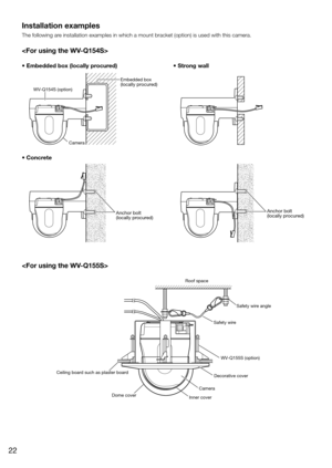 Page 22WV-Q154S (option)Embedded box(locally procured)
Camera
Anchor bolt 
(locally procured)Anchor bolt 
(locally procured)
Roof space
Safety wire angle
Safety wire
WV-Q155S (option)
Decorative cover
Camera
Inner cover
Dome cover
Ceiling board such as plaster board
Installation examples
The following are installation examples in which a mount bracket (option) is used with\
 this camera. 

• Embedded box (locally procured)
• Concrete

• Strong wall
22 