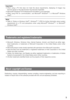 Page 99
Important:
	 •	 When	 using	a	PC	 that	 does	 not	meet	 the	above	 requirements,	 displaying	of	images	 may	
become slower or the web browser may become inoperable.
	 •	 Microsoft
® Windows® XP Professional 64-bit Edition is not supported.
	 •	 When	 using	IPv6	for	communication,	 use	Microsoft®  Windows®  7  or  Microsoft®  Windows 
Vista®.
 
Note:
	 •	 Refer	 to	"Notes	 on	Windows	 Vista® / Windows® 7" (PDF) for further information about system 
requirements  for  a  PC  and  precautions...