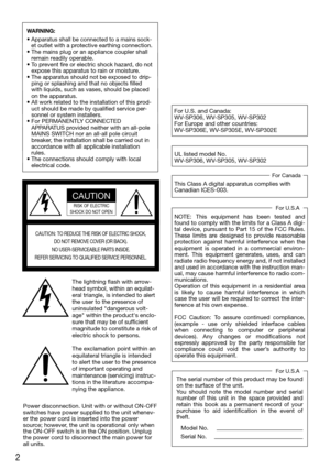 Page 22
CAUTION: TO REDUCE THE RISK OF ELECTRIC SHOCK,DO NOT REMOVE COVER (OR BACK).
NO USER-SERVICEABLE PARTS INSIDE.
REFER SERVICING TO QUALIFIED SERVICE PERSONNEL.
CAUTION
RISK OF ELECTRIC 
SHOCK DO NOT OPEN
The lightning flash with arrow-
head symbol, within an equilat-
eral triangle, is intended to alert 
the user to the presence of 
uninsulated "dangerous volt-
age" within the product's enclo-
sure that may be of sufficient 
magnitude to constitute a risk of 
electric shock to persons.
The...