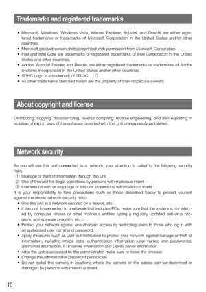 Page 1010
Network security
As  you  will  use  this  unit  connected  to  a  network,  your  attention  is  called  to  the  following  security 
risks.
 q  Leakage or theft of information through this unit
  w  Use of this unit for illegal operations by persons with malicious intent\
  e  Interference with or stoppage of this unit by persons with malicious intent
It  is  your  responsibility  to  take  precautions  such  as  those  described  below  to  protect  yourself 
against the above network security...