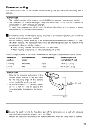 Page 2323
Camera mounting
The camera is mounted on the camera mount bracket (locally procured) and the safety wire is 
secured. 
IMPORTANT:
  •  The installation area shall be strong enough to hold the camera and camera mount bracket. 
  •  The camera mount bracket (locally procured) shall be mounted on the foundation part of the 
construction or a part with adequate strength. 
  •  To prevent the mounting strength from becoming lower, do not use wooden screws to secure 
the camera mount bracket (locally...