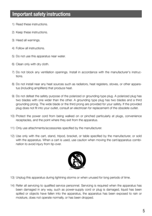 Page 55
Important safety instructions
  1)  Read these instructions.
  2)  Keep these instructions.
  3)  Heed all warnings.
  4)  Follow all instructions.
  5)  Do not use this apparatus near water.
  6)  Clean only with dry cloth.
  7)  Do not block any ventilation openings. Install in accordance with the manufacturers instruc-
tions.
  8)  Do not install near any heat sources such as radiators, heat registers, stoves, or other appara-
tus (including amplifiers) that produce heat.
  9)  Do not defeat the...