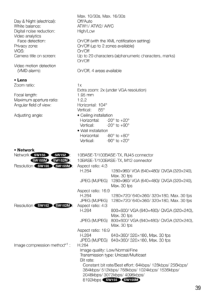 Page 3939
Max. 10/30s, Max. 16/30s
Day & Night (electrical):  Off/Auto
White balance:  ATW1/ ATW2/ AWC
Digital noise reduction:  High/Low
Video analytics
   Face detection:  On/Off (with the XML notification setting)
Privacy zone:  On/Off (up to 2 zones available)
VIQS:   On/Off
Camera title on screen:  Up to 20 characters (alphanumeric characters, marks)  On/Off
Video motion detection 
   (VMD alarm):  On/Off, 4 areas available
 
• Lens
Zoom ratio:  1x 
Extra zoom: 2x (under VGA resolution)
Focal length:  1.95...