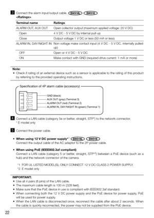 Page 2222
v  Connect a LAN cable (category 5e or better, straight, STP*) to the network connector.
   * E model only
b  Connect the power cable. 
	 •	 When	using	12	V	DC	power	supply*
1 SW316L SW316
   Connect the output cable of the AC adaptor to the 2P power cable.
	 •	 When	using	PoE	(IEEE802.3af	compliant)
   Connect a LAN cable (category 5 or better, straight, STP*
2) between a PoE device (such as a 
hub) and the network connector of the camera. 
  *1  FOR UL LISTED MODEL(S), ONLY CONNECT 12 V DC CLASS 2...