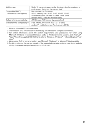 Page 4747
Multi-screen:Up to 16 camera images can be displayed simultaneously on a 
multi-screen. (Including the camera itself )
Compatible SDHC/
   SD memory card (option): Manufactured by Panasonic
SDHC memory card: 4 GB, 8 GB, 16 GB, 32 GB
SD memory card: 256 MB, 512 MB, 1 GB, 2 GB
(except miniSD card and microSD card)
Cellular phone compatibility: JPEG image, AUX control (by access level)
Mobile terminal compatibility*5:iPad, iPhone, iPod touch (iOS 4.2.1 or later)
AndroidTM mobile terminals (As of January,...
