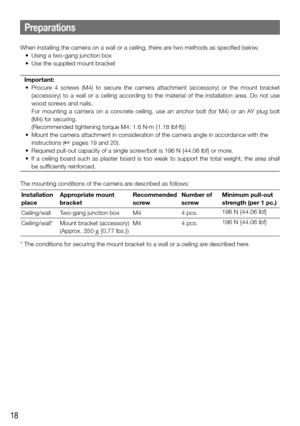 Page 1818
When installing the camera on a wall or a ceiling, there are two methods as specified below.
	 •	 Using	a	two-gang	junction	box
	 •	 Use	the	supplied	mount	bracketImportant:
	 •	 Procure	 4	screws	 (M4)	to	secure	 the	camera	 attachment	 (accessory)	or	the	 mount	 bracket	
(accessory)  to  a  wall  or  a  ceiling  according  to  the  material  of  the  installation  area.  Do  not  use 
wood screws and nails.
    For  mounting  a  camera  on  a  concrete  ceiling,  use  an  anchor  bolt  (for  M4)  or...