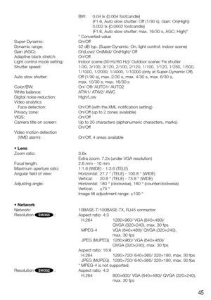 Page 4545
   BW:   0.04 lx {0.004 footcandle}  
(F1.6, Auto slow shutter: Off (1/30 s), Gain: On(High))
       0.002 lx {0.0002 footcandle}  
(F1.6, Auto slow shutter: max. 16/30 s, AGC: High)*
    * Converted value
Super-Dynamic:  On/Off
Dynamic range:  52 dB typ. (Super-Dynamic: On, light control: indoor scene)
Gain (AGC):  On(Low)/ On(Mid)/ On(High)/ Off
Adaptive black stretch:  On/Off
Light control mode setting:  Indoor scene (50 Hz/60 Hz)/ Outdoor scene/ Fix shutter
Shutter speed:  1/30, 3/100, 3/120,...