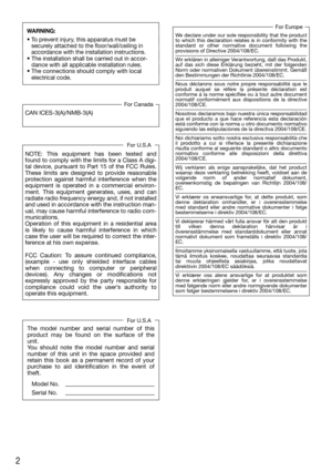 Page 22
The model number and serial number of this 
product may be found on the surface of the 
unit.
You should note the model number and serial 
number of this unit in the space provided and 
retain this book as a permanent record of your 
purchase to aid identification in the event of 
theft.
 Model No. 
 Serial No.
For U.S.A
CAN ICES-3(A)/NMB-3(A)
For Canada
We declare under our sole responsibility that the product 
to which this declaration relates is in conformity with the 
standard or other normative...