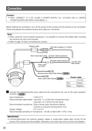 Page 2424
Caution:
  • ONLY CONNECT 12 V DC CLASS 2 POWER SUPPLY (UL 1310/CSA 223) or LIMITED 
POWER SOURCE (IEC/EN/UL/CSA 60950-1). 
Before starting the connection, turn off the power of this camera and the devices to be connected.
Check and prepare the required devices and cables for connection.
Note:
  •  When using the mount bracket (accessory), it is possible to connect the cables after mounting 
the camera onto the mount bracket. 
  •  Refer to page 19 when connecting the conduit.
Connection
Network...