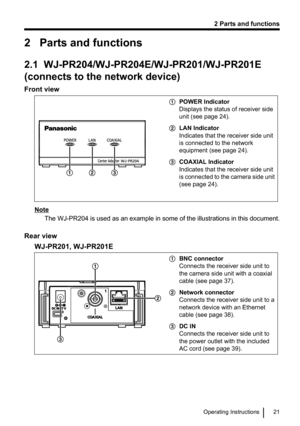 Page 212   Parts and functions
2.1  WJ-PR204/WJ-PR204E/WJ-PR201/WJ-PR201E
(connects to the network device)
Front viewAPOWER Indicator
Displays the status of receiver side
unit (see page 24).BLAN Indicator
Indicates that the receiver side unit
is connected to the network
equipment (see page 24).CCOAXIAL Indicator
Indicates that the receiver side unit
is connected to the camera side unit
(see page 24).  
Note
The WJ- PR204 is used as an example in some of the illustrations in this document.
Rear view WJ-PR201,...