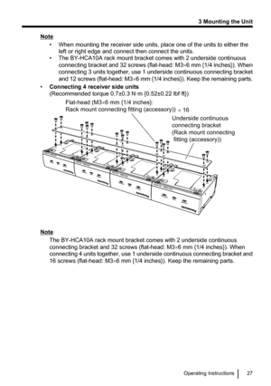 Page 27Note• When mounting the receiver side units, place one of the units to either theleft or right edge and connect then connect the units.
• The BY-HCA10A rack mount bracket comes with 2 underside continuous
connecting bracket and 32 screws  (flat-head: M3´6 mm {1/4 inches}). When
connecting 3 units together, use 1 underside continuous connecting bracket
and 12 screws  (flat-head: M3 ´6 mm {1/4 inches}). Keep the remaining parts.
• Connecting 4 receiver side units
(Recommended torque 0.7±0.3 N·m {0.52±0.22...