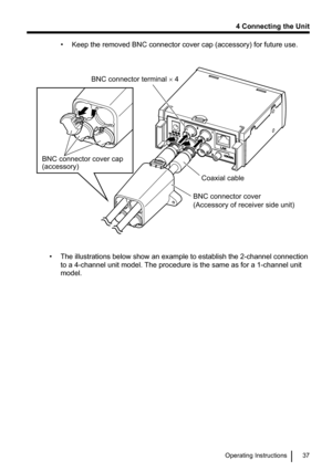 Page 37• Keep the removed BNC connector cover cap (accessory) for future use.
• The illustrations below show an example to establish the 2-channel connectionto a 4-channel unit model. The procedure is the same as for a 1-channel unit
model.
Operating Instructions37
4 Connecting the UnitBNC connector terminal × 4
BNC connector cover cap  
(accessory) BNC connector cover 
(Accessory of receiver side unit)Coaxial cable  