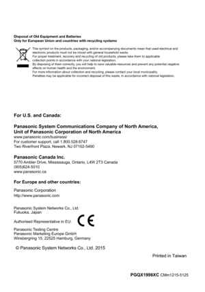 Page 60© Panasonic System Networks Co., Ltd. 2015Printed in Taiwan
PGQX1998XC CMm1215-5125Disposal of Old Equipment and Batteries 
Only for European Union and countries with recycling systemsThis symbol on the products, packaging, and/or accompanying documents mean that used electrical and  
electronic products must not be mixed with general household waste.
For proper treatment, recovery and recycling of old products, please take them to applicable 
collection points in accordance with your national...