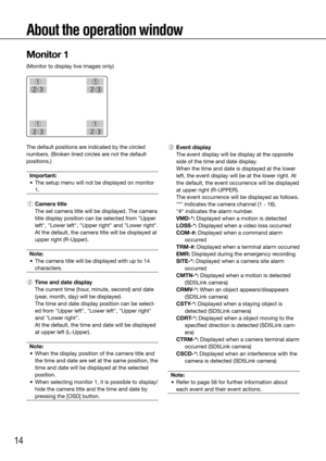 Page 1414
About the operation window
The default positions are indicated by the circled 
numbers. (Broken lined circles are not the default 
positions.)Important:
	 •	 The	setup	menu	will	not	be	displayed	on	monitor	 1.
 
  q  Camera title
    The set camera title will be displayed. The camera 
title display position can be selected from "Upper 
left", "Lower left", "Upper right" and "Lower right".
    At the default, the camera title will be displayed at 
upper right (R-Upper)....