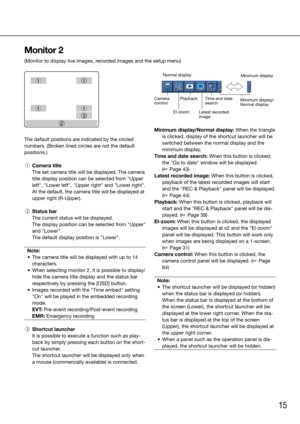 Page 1515
The default positions are indicated by the circled 
numbers. (Broken lined circles are not the default 
positions.)
 q  Camera title
    The set camera title will be displayed. The camera 
title display position can be selected from "Upper 
left", "Lower left", "Upper right" and "Lower right".
    At the default, the camera title will be displayed at 
upper right (R-Upper).
  w  Status bar
    The current status will be displayed.
    The display position can be...