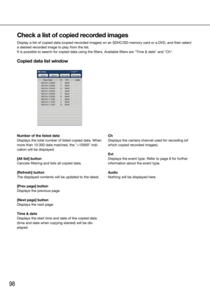 Page 9898
Number of the listed data
Displays the total number of listed copied data. When 
more than 10 000 data matched, the ">10000" indi-
cation will be displayed.
[All list] button
Cancels filtering and lists all copied data. 
[Refresh] button
The displayed contents will be updated to the latest. 
[Prev page] button
Displays the previous page. 
[Next page] button
Displays the next page. 
Time & date
Displays the start time and date of the copied data 
(time and date when copying started) will be...