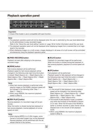 Page 323233
n [PREV RECORD] button
Playback will start after skipping to the previous 
recorded image.
n [REW] button
Fast reverse playback will be performed.
Playback speed for fast reverse playback will be 
changed in the following order each time this button 
is clicked: Step2 (Approx.4x) → Step3 (Approx.8x) → 
Step4 (Approx.16x) → Step5 (Approx.32x) → Step6 
(Approx.48x) → Step7 (Approx.96x)
Note: When fast reverse playback is performed while 
•	
playing images on the HD600, playback speed will 
be changed...