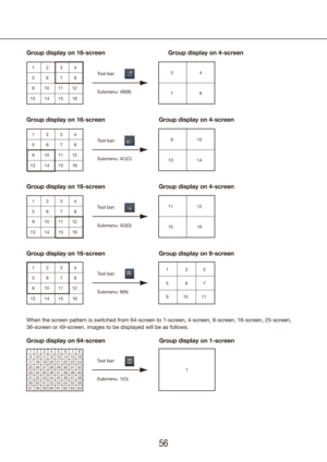 Page 565657
Group display on 16-screenGroup display on 4-screen
Group display on 16-screen Group display on 4-screen
Group display on 16-screen Group display on 4-screen
Group display on 16-screen Group display on 9-screen
Submenu: 1(O)Tool bar:
1
1
5
9
13 2
6
10
14 3
7
11
15 4
8
12
16
Double-clickDouble-click
1
1
1
5
9
13 2
6
10
14 3
7
11
15 4
8
12
16
1 12
5 6
5
9
13 2
6
10
14 3
7
11
15 4
8
12
16
Submenu: 4A(A)Tool bar:
1
34
7 8
5
9
13 2
6
10
14 3
7
11
15 4
8
12
16
Submenu: 4B(B)Tool bar:
1
910
13 14
5
9
13 2...